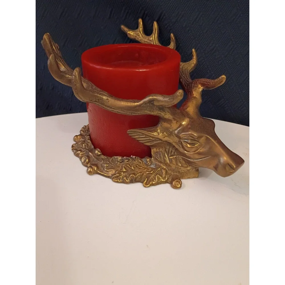 Vintage Brass Deer Head Pillar Candle Holder Stag Antler Rustic Cabin Decor Gold
